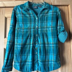 White Sierra Women's Long-Tab Sleeve Plaid Pleat Front Lined Shirt Sz Medium
